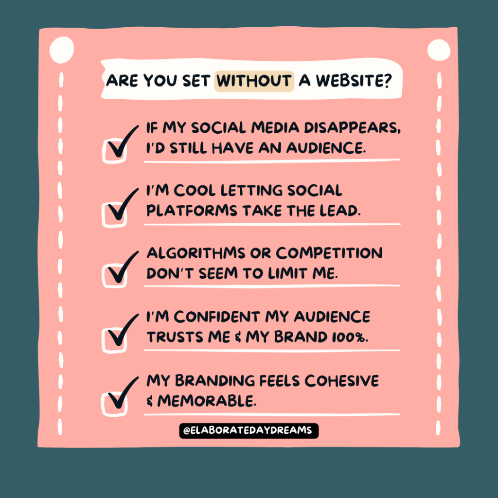 Website graphic asks visitor to evaluate whether they're set without a website based on if their social media is adequate for having audience, or whether they should consider relying on other resources, too.
