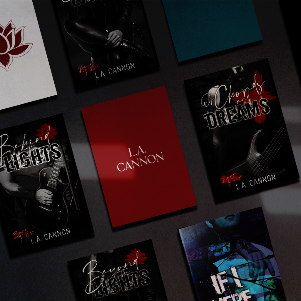 Flat lay of book covers and branded materials for L.A. Cannon, featuring dark romance titles and a red and black visual identity.