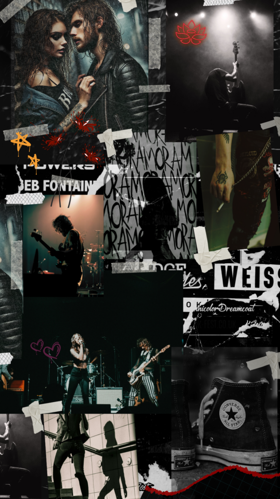 Full brand board with lotus mark, color palette, lightning bolt graphic, and photos of stage performance and fashion elements.